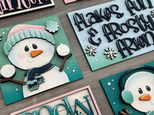 Load image into Gallery viewer, Snowman Cute Winter Interchangeable Leaning Sign File SVG, glowforge, Snowmen, Bird, Tiered Tray, LuckyHeartDesignsCo
