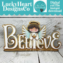 Load image into Gallery viewer, Angel Christmas Shelf Sitter Standing Sign File SVG, Nativity, Religious, Carols, Mantle decor, Centerpiece, glowforge, LuckyHeartDesignsCo
