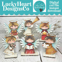 Load image into Gallery viewer, Angel Christmas Standing Single Sign File SVG, Nativity, Religious, Carols, Mantle decor, Centerpiece, Tiered glowforge, LuckyHeartDesignsCo
