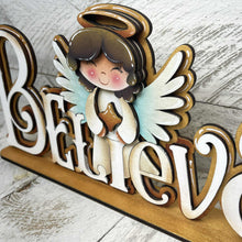 Load image into Gallery viewer, Angel Christmas Shelf Sitter Standing Sign File SVG, Nativity, Religious, Carols, Mantle decor, Centerpiece, glowforge, LuckyHeartDesignsCo
