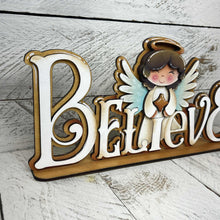 Load image into Gallery viewer, Angel Christmas Shelf Sitter Standing Sign File SVG, Nativity, Religious, Carols, Mantle decor, Centerpiece, glowforge, LuckyHeartDesignsCo

