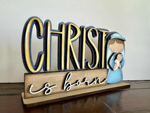 Load image into Gallery viewer, Nativity Christ is Born Shelf Sitter Standing Sign File SVG, Jesus, Religious, Mantle decor, Centerpiece, glowforge, LuckyHeartDesignsC
