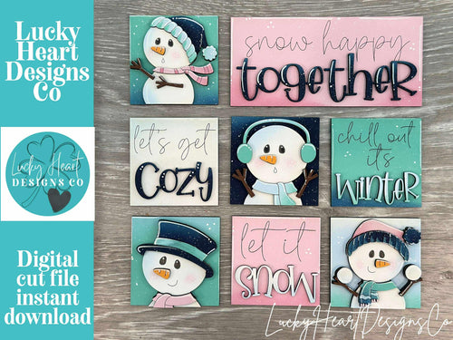 Snowman Cute Winter MINI Interchangeable Leaning Sign File SVG, Snowmen, Snowflake, Mittens, Tiered Tray Glowforge, LuckyHeartDesignsCo