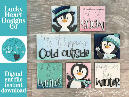 Penguin Cute Winter MINI Interchangeable Leaning Sign File SVG, Snowmen, Snowflake, Mittens, Tiered Tray Glowforge, LuckyHeartDesignsCo