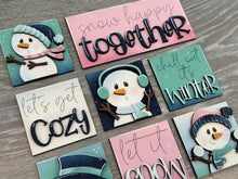 Load image into Gallery viewer, Snowman Cute Winter MINI Interchangeable Leaning Sign File SVG, Snowmen, Snowflake, Mittens, Tiered Tray Glowforge, LuckyHeartDesignsCo
