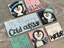 Load image into Gallery viewer, Penguin Cute Winter MINI Interchangeable Leaning Sign File SVG, Snowmen, Snowflake, Mittens, Tiered Tray Glowforge, LuckyHeartDesignsCo
