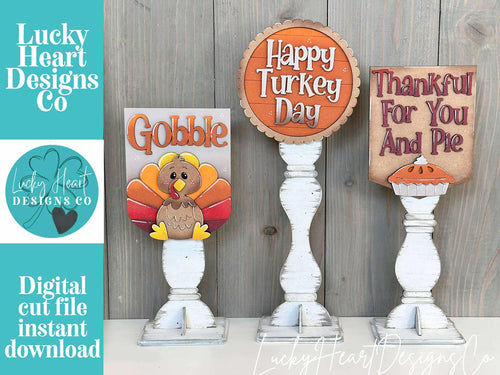 Turkey Thanksgiving Pedestal Spindle Slide On Seasonal Set Interchangeable File SVG, Home, Gobble, Fall Decor Glowforge, LuckyHeartDesignsCo