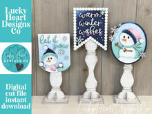 Load image into Gallery viewer, Snowman Winter Pedestal Spindle Slide On Seasonal Set Interchangeable File SVG, Home Sign, Snowmen, Decor Glowforge, LuckyHeartDesignsCo

