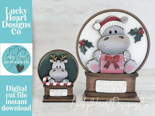 Hippo Cute Christmas Snow Globe Interchangeable File SVG, TINY, Glowforge, Hippopotamus, Santa, Present, Tiered Tray LuckyHeartDesignsCo