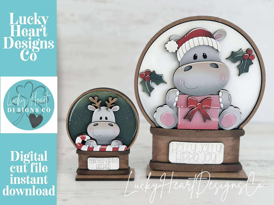 Hippo Cute Christmas Snow Globe Interchangeable File SVG, TINY, Glowforge, Hippopotamus, Santa, Present, Tiered Tray LuckyHeartDesignsCo