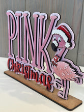 Load image into Gallery viewer, Flamingo Christmas Shelf Sitter Christmas Standing Sign File SVG, Santa Tree Pink, decor Centerpiece, glowforge, LuckyHeartDesignsCo
