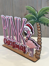 Load image into Gallery viewer, Flamingo Christmas Shelf Sitter Christmas Standing Sign File SVG, Santa Tree Pink, decor Centerpiece, glowforge, LuckyHeartDesignsCo
