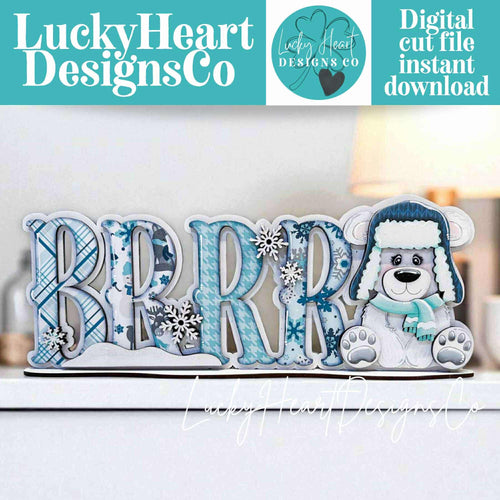 Brrr Bear Shelf Sitter Standing Sign File SVG, Snowflake, Snowman, Winter, Mantle decor, Centerpiece, glowforge, LuckyHeartDesignsCo