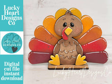 Load image into Gallery viewer, Cute Turkey Standing File SVG, Gobble, Pumpkin Pie, Thanksgiving, Pilgrim, Fall, Holiday Decor, Glowforge, LuckyHeartDesignsCo
