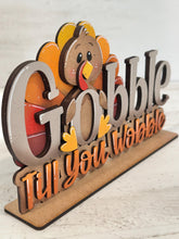 Load image into Gallery viewer, Gobble Turkey Shelf Sitter Standing Fall Sign File SVG, Fall Glowforge, Pumpkin, Thankful, Shelf Sitter, Thanksgiving, LuckyHeartDesignsCo
