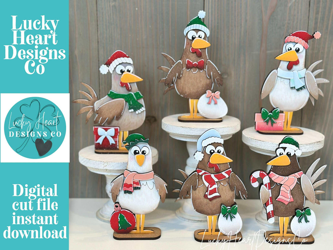 Chicken Christmas Standing File SVG, Farm, Santa, Bird, Funny, Egg, Chickens, Present, Candy Cane Tiered Tray Glowforge, LuckyHeartDesignsCo