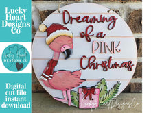 Load image into Gallery viewer, Pink Christmas Flamingo Door Hanger File SVG, Glowforge Laser, Sign, Florida, Tropical, Santa, Lucky Heart DesignsCo
