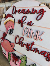 Load image into Gallery viewer, Pink Christmas Flamingo Door Hanger File SVG, Glowforge Laser, Sign, Florida, Tropical, Santa, Lucky Heart DesignsCo
