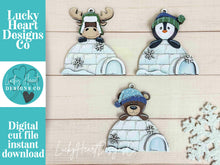 Load image into Gallery viewer, Igloo Winter Ornament File SVG, Santa , Snow, Bear, Moose, Penguin, Snowflakes, Woodland, Christmas, Glowforge, LuckyHeartDesignsCo
