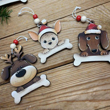 Load image into Gallery viewer, Dog Bone Christmas Ornament File SVG, Glowforge, Santa, Chihuahua, Poodle, Lab, Pitbull, Personalized, Memorial, Pet, LuckyHeartDesignsCo
