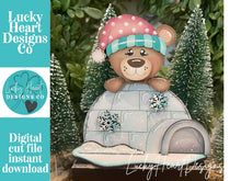Load image into Gallery viewer, Bear Igloo Winter Standing Sign File SVG, Snowflake, Snowman, Mantle decor, Centerpiece, glowforge, LuckyHeartDesignsCo
