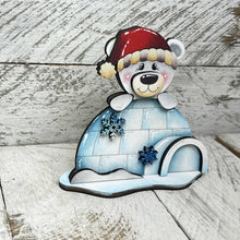 Load image into Gallery viewer, Bear Igloo Winter Standing Sign File SVG, Snowflake, Snowman, Mantle decor, Centerpiece, glowforge, LuckyHeartDesignsCo
