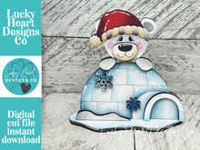 Load image into Gallery viewer, Bear Igloo Winter Standing Sign File SVG, Snowflake, Snowman, Mantle decor, Centerpiece, glowforge, LuckyHeartDesignsCo
