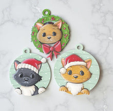 Load image into Gallery viewer, Cat Christmas Ornament File SVG, Glowforge, Pet, Kitten, Santa, Wreath, LuckyHeartDesignsCo
