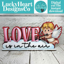Load image into Gallery viewer, Love Cupid Shelf Sitter Standing Sign File SVG, Valentine, Heart, Be Mine, Mantle decor, Centerpiece, glowforge, LuckyHeartDesignsCo
