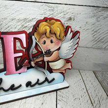 Load image into Gallery viewer, Love Cupid Shelf Sitter Standing Sign File SVG, Valentine, Heart, Be Mine, Mantle decor, Centerpiece, glowforge, LuckyHeartDesignsCo
