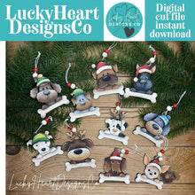 Load image into Gallery viewer, Dog Bone Christmas Ornament File SVG, Glowforge, Santa, Chihuahua, Poodle, Lab, Pitbull, Personalized, Memorial, Pet, LuckyHeartDesignsCo
