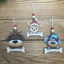 Load image into Gallery viewer, Dog Bone Christmas Ornament File SVG, Glowforge, Santa, Chihuahua, Poodle, Lab, Pitbull, Personalized, Memorial, Pet, LuckyHeartDesignsCo
