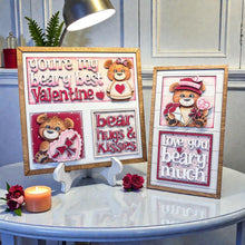 Load image into Gallery viewer, Bear Valentine Interchangeable Leaning Sign File SVG, Glowforge Tiered Tray, Woodland, Heart, Love, Cupid, Hugs Kisses, LuckyHeartDesignsCo
