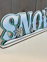 Load image into Gallery viewer, Snow Shelf Sitter Standing Sign File SVG, Snowflake, Snowman, Winter, Mantle decor, Centerpiece, glowforge, LuckyHeartDesignsCo
