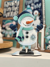 Load image into Gallery viewer, Snowman With Mittens Winter Shelf Sitter Standing Sign File SVG, Snowflake, Mantle decor, Centerpiece, glowforge LuckyHeartDesignsCo
