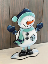 Load image into Gallery viewer, Snowman With Mittens Winter Shelf Sitter Standing Sign File SVG, Snowflake, Mantle decor, Centerpiece, glowforge LuckyHeartDesignsCo

