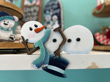 Load image into Gallery viewer, Snowman Laying Down Winter Shelf Sitter Standing Sign File SVG, Snowflake, Snowmen, Mantle decor, Centerpiece, glowforge LuckyHeartDesignsCo
