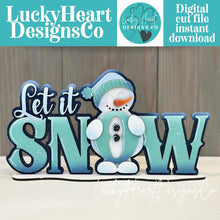Load image into Gallery viewer, Snowman Snow Winter Shelf Sitter Standing Sign File SVG, Snowflake, Fosty, Mantle decor, Centerpiece, glowforge, LuckyHeartDesignsCo
