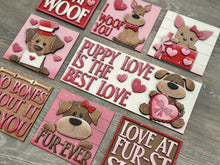 Load image into Gallery viewer, Dog Valentine's Day Interchangeable Leaning Sign File SVG, Glowforge Tiered Tray, Love, Arrow, Heart, Puppy Cute, LuckyHeartDesignsCo
