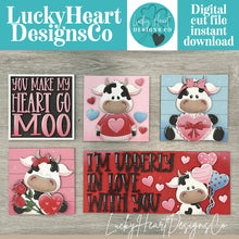 Load image into Gallery viewer, Dairy Cow Valentine Interchangeable Leaning Sign File SVG, Glowforge Tiered Tray, Love, Farm, Heart, Balloons, Candy, LuckyHeartDesignsCo

