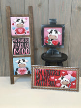 Load image into Gallery viewer, Dairy Cow Valentine Interchangeable Leaning Sign File SVG, Glowforge Tiered Tray, Love, Farm, Heart, Balloons, Candy, LuckyHeartDesignsCo
