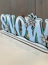 Load image into Gallery viewer, Snow Shelf Sitter Standing Sign File SVG, Snowflake, Snowman, Winter, Mantle decor, Centerpiece, glowforge, LuckyHeartDesignsCo
