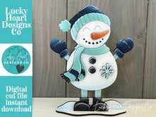 Load image into Gallery viewer, Snowman With Mittens Winter Shelf Sitter Standing Sign File SVG, Snowflake, Mantle decor, Centerpiece, glowforge LuckyHeartDesignsCo
