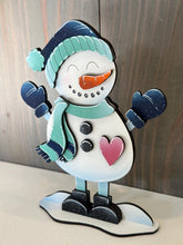 Load image into Gallery viewer, Snowman With Mittens Winter Shelf Sitter Standing Sign File SVG, Snowflake, Mantle decor, Centerpiece, glowforge LuckyHeartDesignsCo
