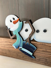 Load image into Gallery viewer, Snowman Laying Down Winter Shelf Sitter Standing Sign File SVG, Snowflake, Snowmen, Mantle decor, Centerpiece, glowforge LuckyHeartDesignsCo
