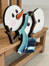 Load image into Gallery viewer, Snowman Laying Down Winter Shelf Sitter Standing Sign File SVG, Snowflake, Snowmen, Mantle decor, Centerpiece, glowforge LuckyHeartDesignsCo
