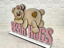 Load image into Gallery viewer, Bear Hugs Valentine Shelf Sitter Sign File SVG, Heart, Bow, I Love You, Tiered Tray Glowforge LuckyHeartDesignsCo
