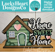 Load image into Gallery viewer, Home Sweet Home Love Shelf Sitter Standing Sign File SVG, Glowforge, House, Heart, Personalized, Shelf Sitter, Family LuckyHeartDesignsCo
