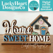 Load image into Gallery viewer, Home Sweet Home Shelf Sitter Standing Sign File SVG, Glowforge, House, Heart, Personalized, Shelf Sitter, Family LuckyHeartDesignsCo
