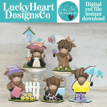 Load image into Gallery viewer, Highland Cow Spring Butterfly Standing Sign File SVG, Glowforge, Flower, Standing, Kite, Daisy, Cow Umbrella Tiered Tray LuckyHeartDesignsCo
